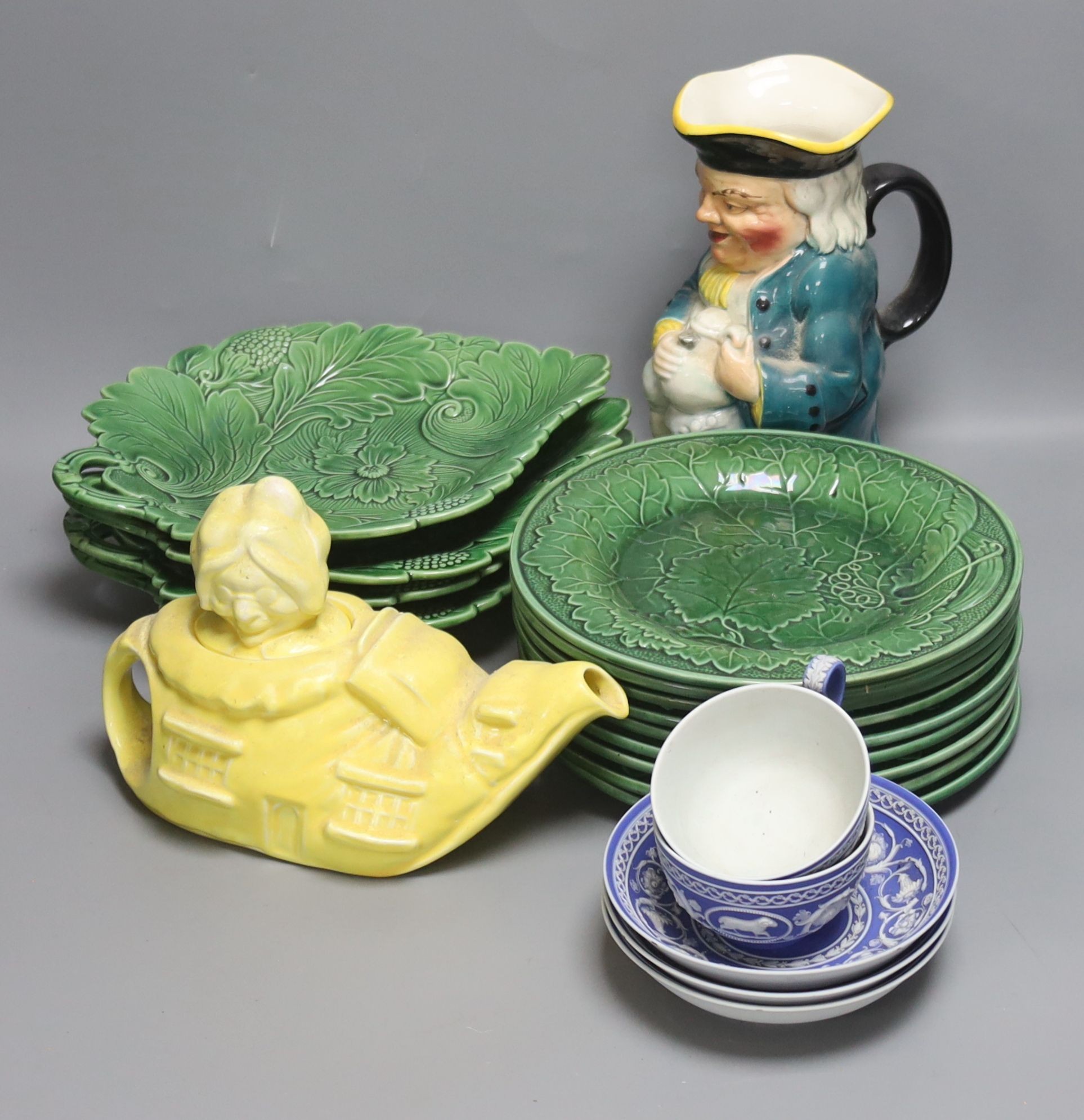 Victorian green majolica leaf dessert wares, Art Deco 